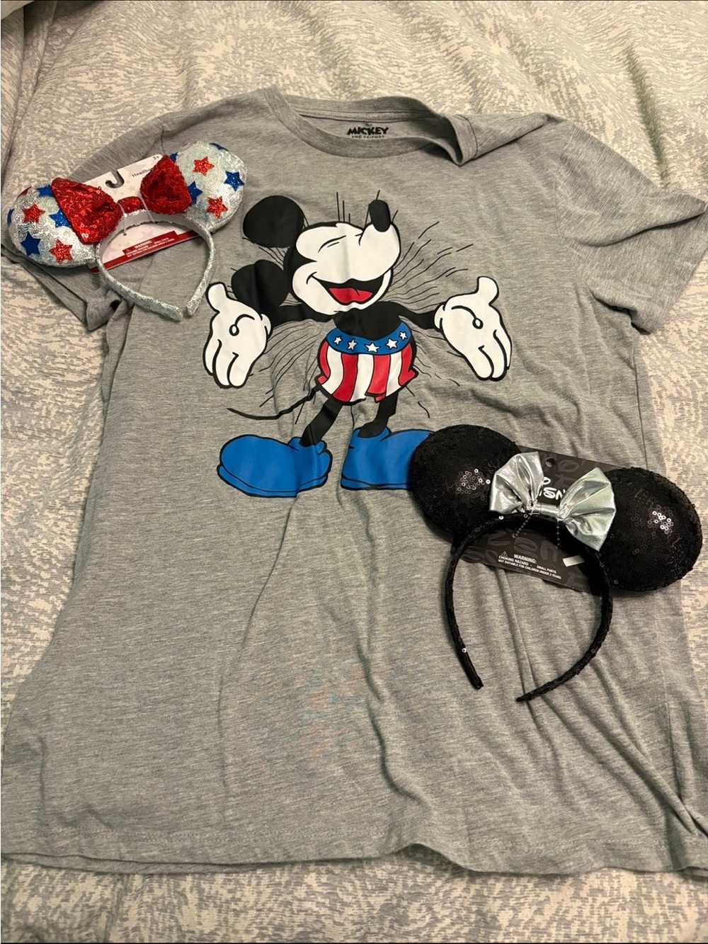 NEW Walt Disney World large Americana Tee Mickey Mouse + 2 Minnie sparkle ears